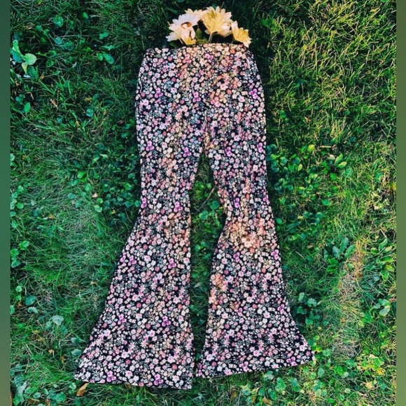 stretchy floral flares groovy hippie pants rainbow black - Picture 1 of 3